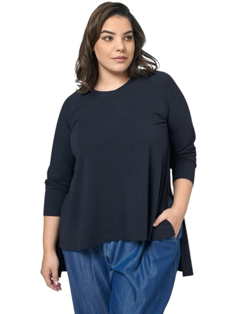 NWT Alembika Essential Hi-Lo Tunic Top Large Navy Blue A-Line Made in Israel
